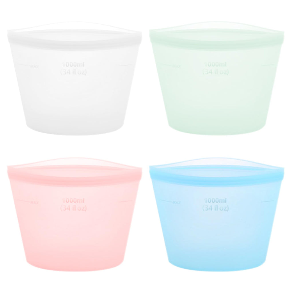 4-Pack Reusable Silicone Food Storage Bags, Stand-Up Pinch-Seal Design, BPA-Free, Microwave & Dishwasher Safe, Mixed Colors (17 oz)