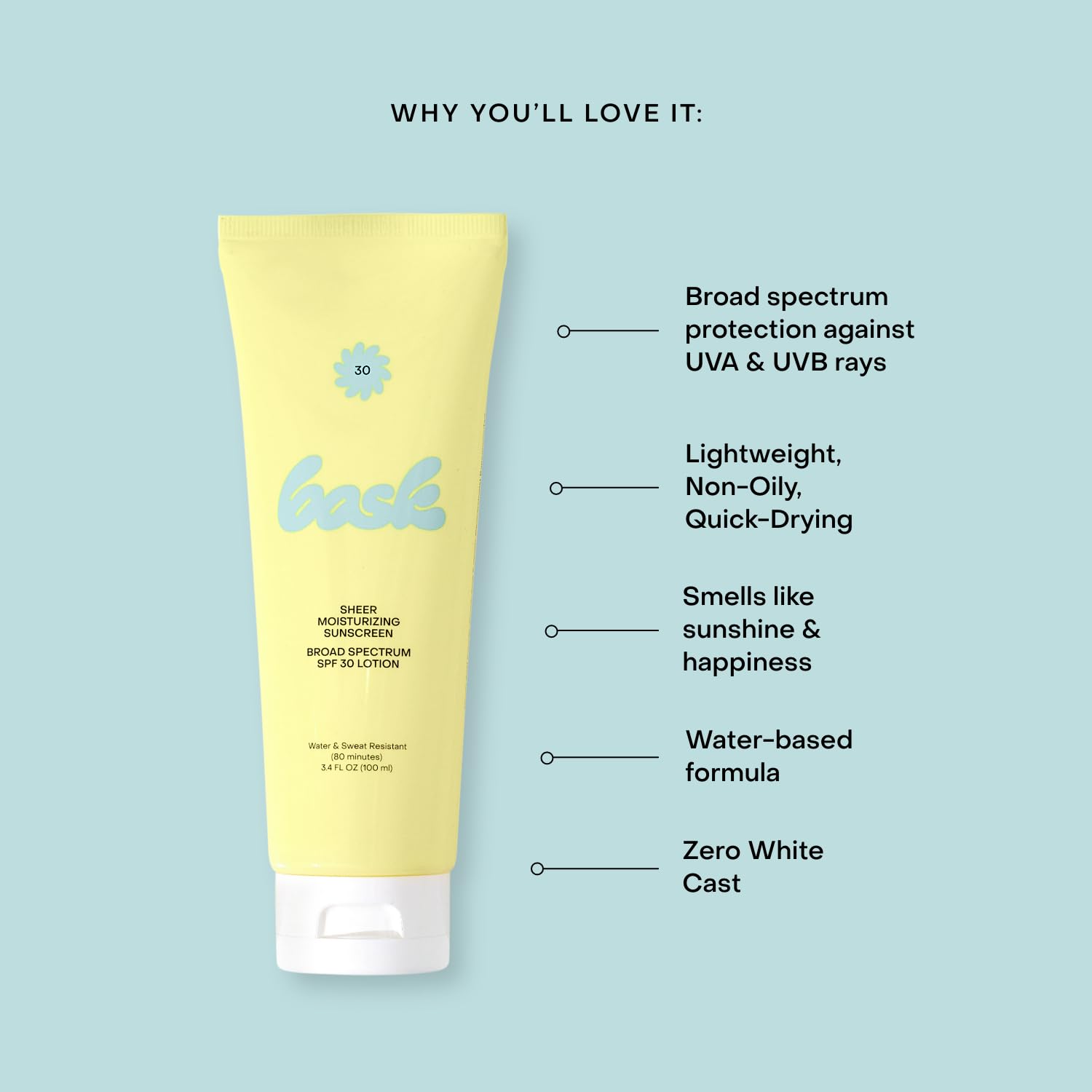 Bask SPF 50 Sheer Moisturizing Sunscreen Lotion - Broad Spectrum UVA/UVB Protection, Dermatologist Recommended, Hydrating, Lightweight & Non-Greasy, No White Cast, Travel Size, 3.4 fl oz
