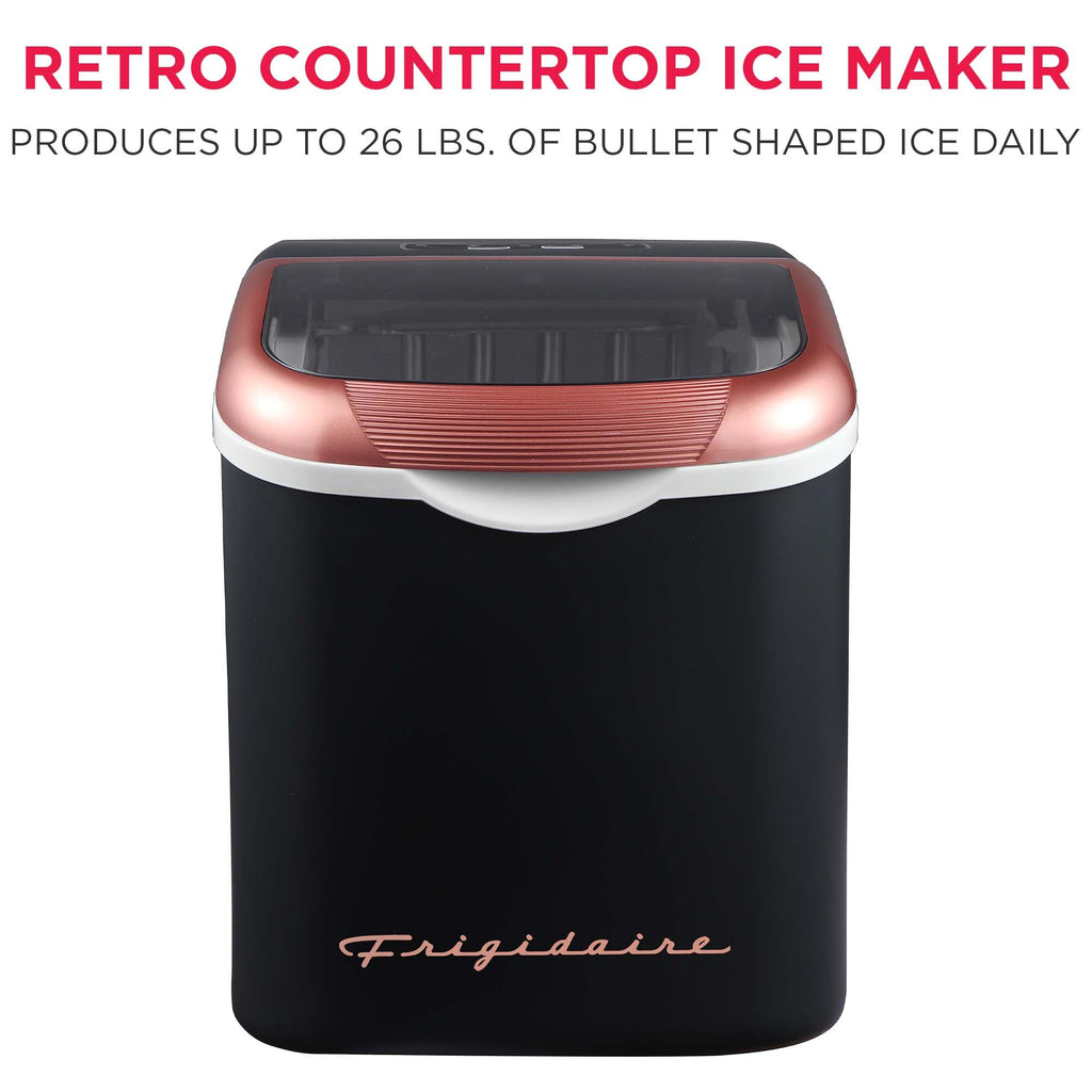FRIGIDAIRE Retro Compact Ice Maker Machine, Bullet Ice, 26 lb per Day (BlackRoseGold)