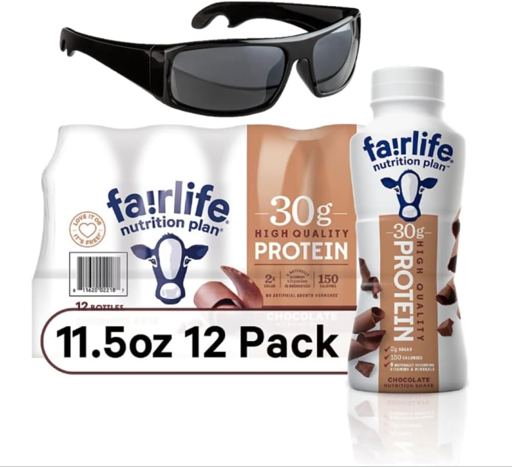 Fairlife Chocolate Protein Shake– Ready-to-Drink Nutrition Shake for Workout Recovery or Meal Replacement (30g – 11.5 fl oz, Pack of 12) + 1 Pair Of Sporty Sunglasses Can Opener (PACKAGING MAY VARY)