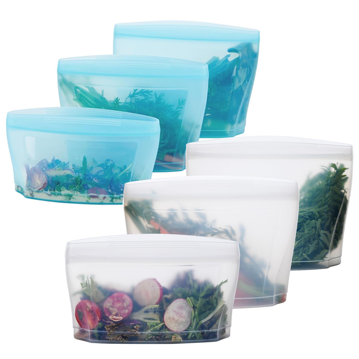 Zip Standing Reusable Silicone Food Storage Bag, Stand Up Food Storage Container, Reusable Zipper seal bag, no lid required, for Food Storage& Meal Prep, Freezer Oven Dishwasher - Safe, Set of 6 Bowls