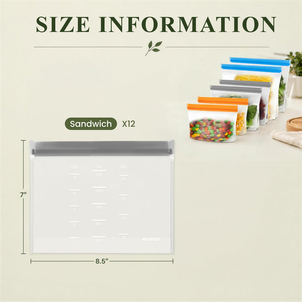 IDEATECH Reusable Bags Dishwasher Safe, BPA Free Reusable Gallon Freezer Bags, Stand Up Leakproof Food Storage Bags for Marinate Meats, Salad Fruit, Home Organization 6 Large+ 6 Sandwich+ 8 Snack Bags