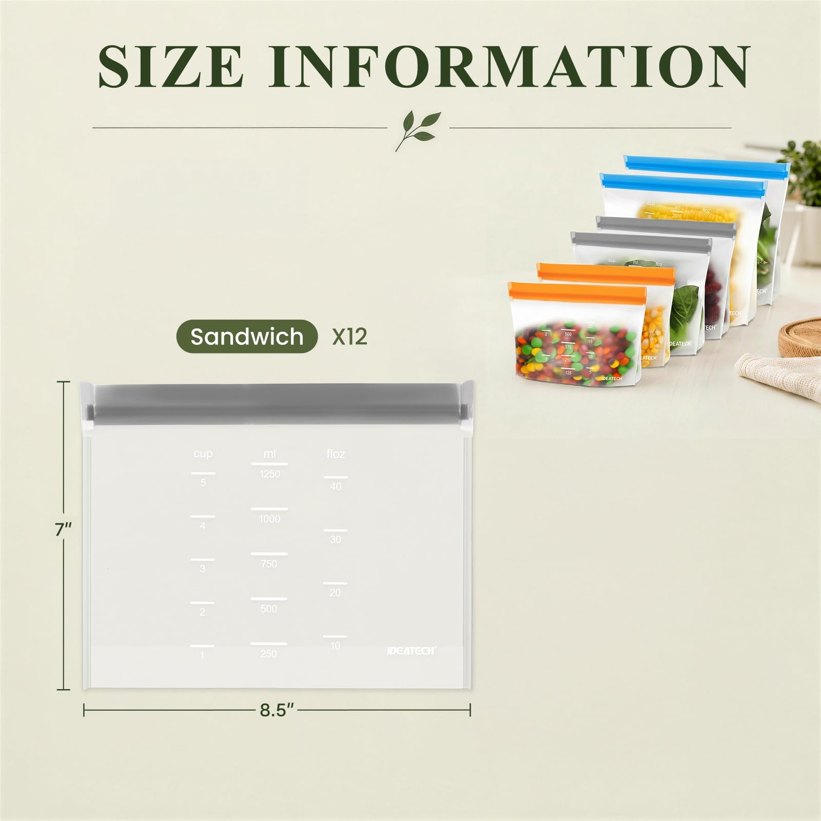 IDEATECH Reusable Bags Dishwasher Safe, BPA Free Reusable Gallon Freezer Bags, Stand Up Leakproof Food Storage Bags for Marinate Meats, Salad Fruit, Home Organization 6 Large+ 6 Sandwich+ 8 Snack Bags