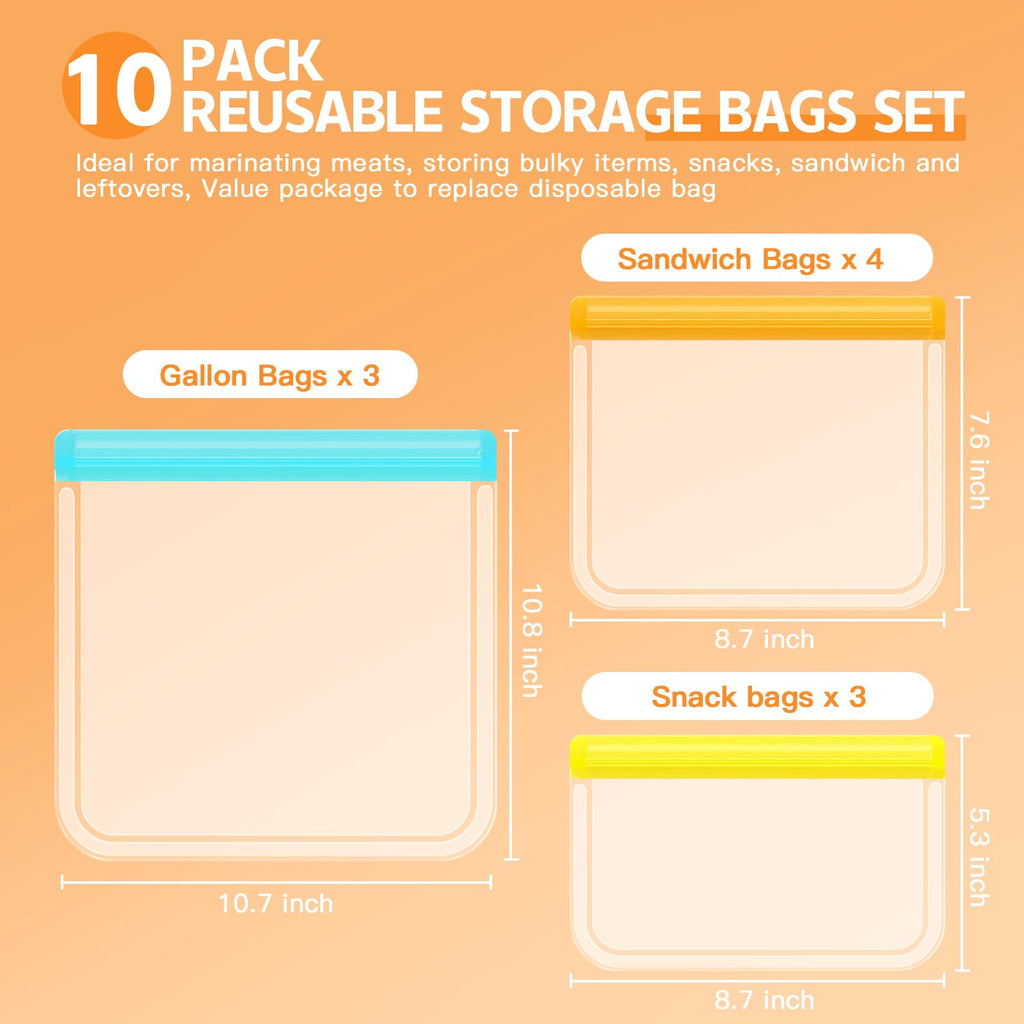 10 Pack Dishwasher Safe Reusable Bags, Leakproof Reusable Freezer Bags, BPA Free Food Storage Bags for Lunch Marinate Food Travel - 3 Gallon 3 Snack 4 Sandwich Bags