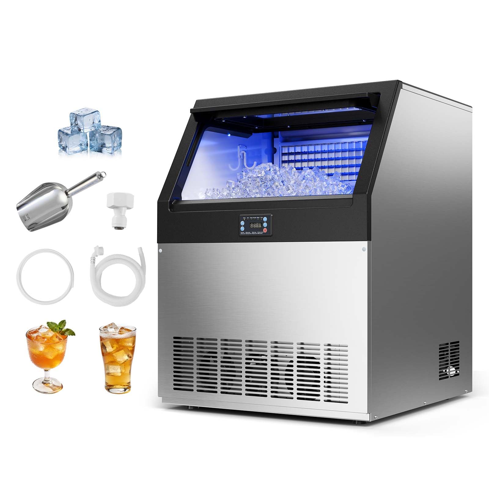 VEVOR Commercial Ice Maker Machine, 80 lbs/24h with 13 lbs Storage Capacity, Countertop/Freestanding/Under Counter, Stainless Steel Ice Maker with LED Display & Self-Cleaning, for Home Bar Restaurant