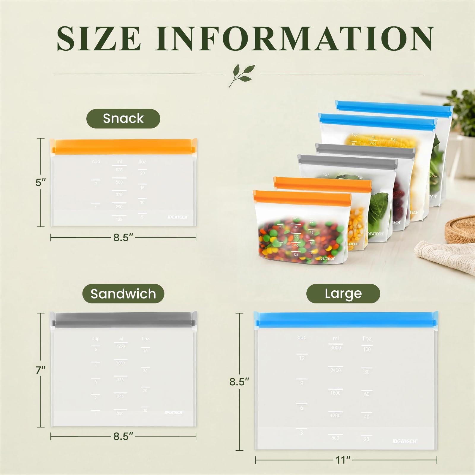 IDEATECH Reusable Bags Dishwasher Safe, BPA Free Reusable Gallon Freezer Bags, Stand Up Leakproof Food Storage Bags for Marinate Meats, Salad Fruit, Home Organization 6 Large+ 6 Sandwich+ 8 Snack Bags