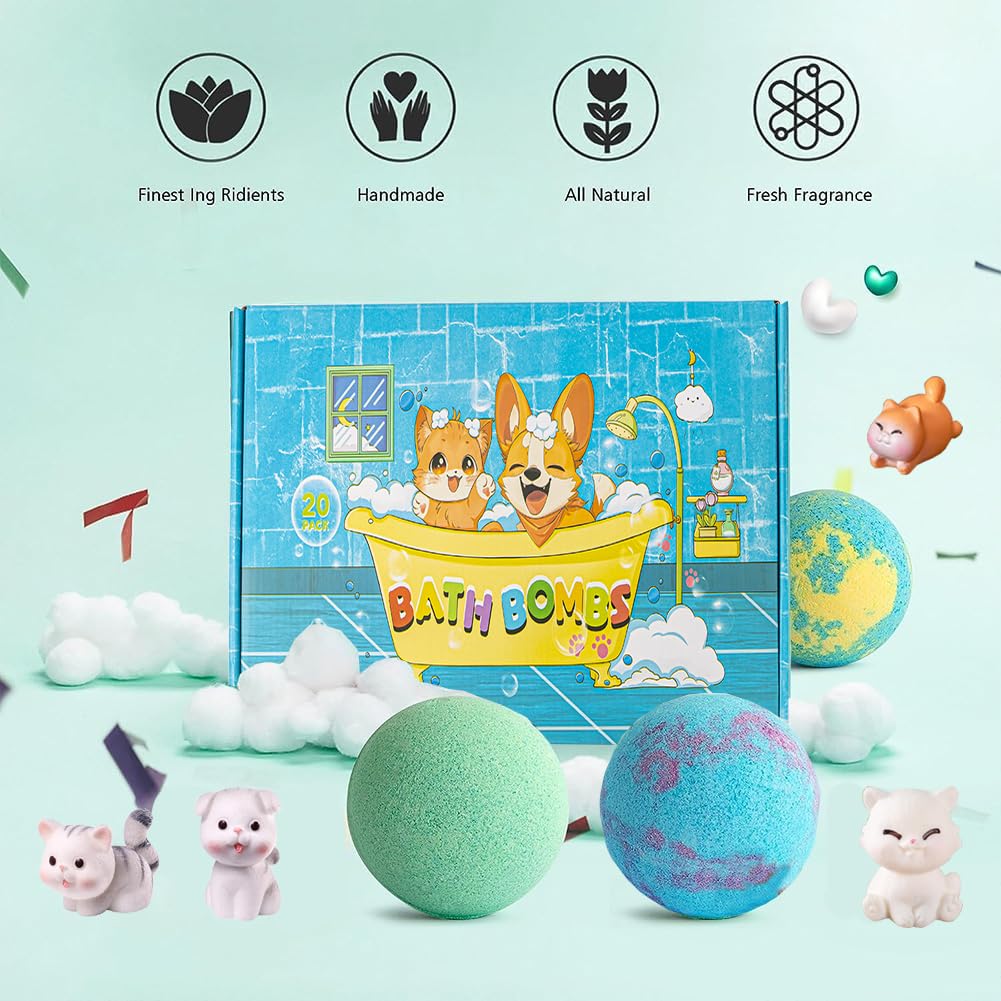 Kids Bath Bombs with Surprise Inside, 20 Pack Bring Dog and cat Toys Gift Set, Natural Organic Bubble Bath Foam Bath