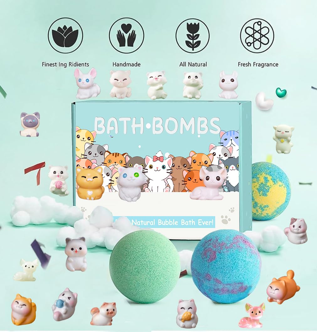 Kids Bath Bombs with Surprise Inside, 20 Pack Bring Dog and cat Toys Gift Set, Natural Organic Bubble Bath Foam Bath