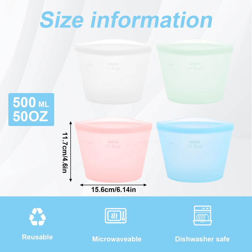 4-Pack Reusable Silicone Food Storage Bags, Stand-Up Pinch-Seal Design, BPA-Free, Microwave & Dishwasher Safe, Mixed Colors (17 oz)