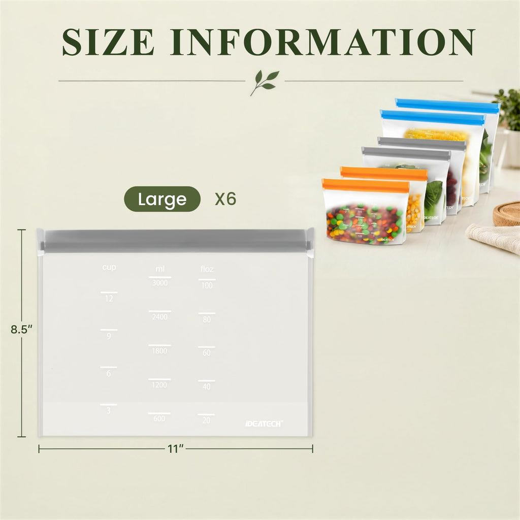 IDEATECH Reusable Bags Dishwasher Safe, BPA Free Reusable Gallon Freezer Bags, Stand Up Leakproof Food Storage Bags for Marinate Meats, Salad Fruit, Home Organization 6 Large+ 6 Sandwich+ 8 Snack Bags