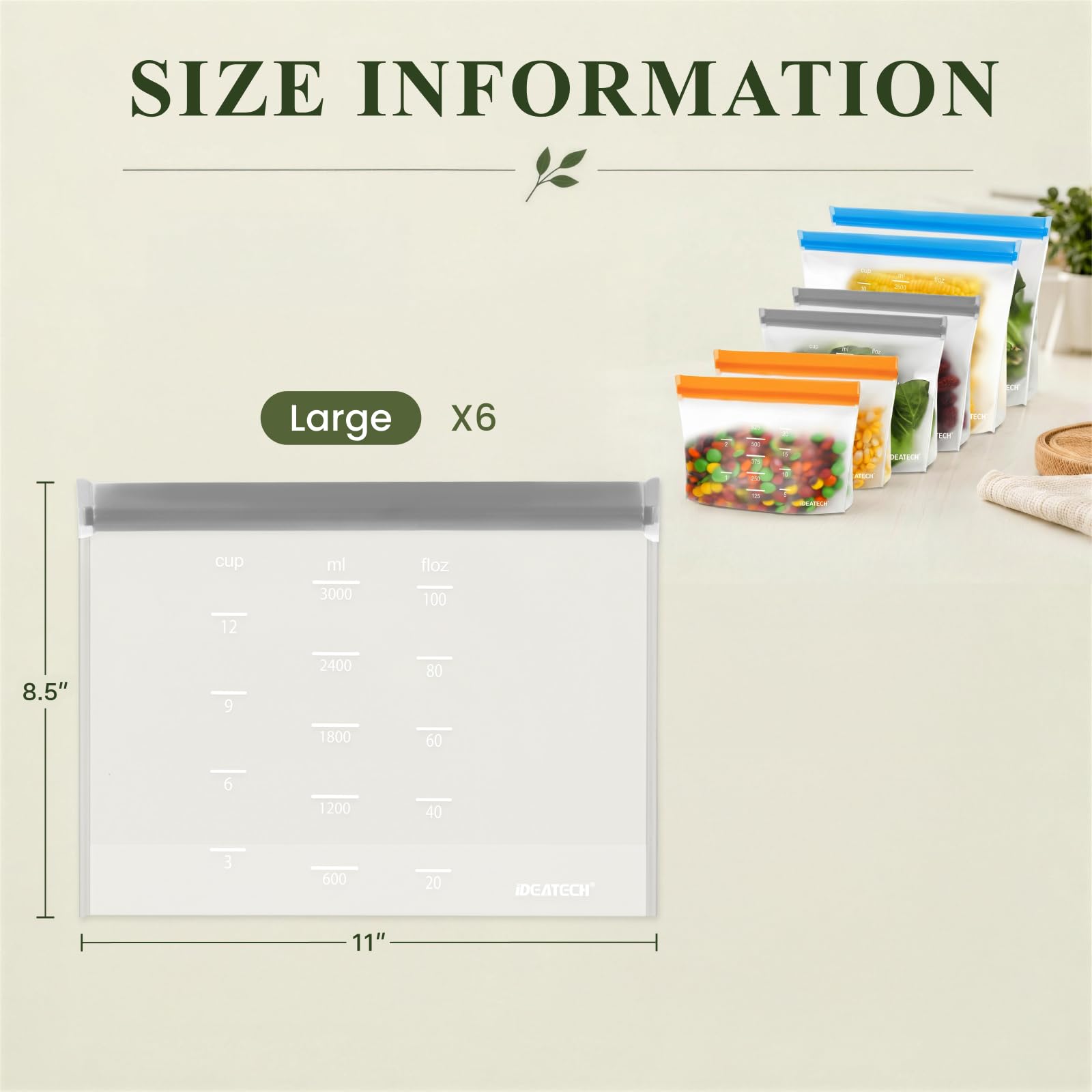 IDEATECH Reusable Bags Dishwasher Safe, BPA Free Reusable Gallon Freezer Bags, Stand Up Leakproof Food Storage Bags for Marinate Meats, Salad Fruit, Home Organization 6 Large+ 6 Sandwich+ 8 Snack Bags