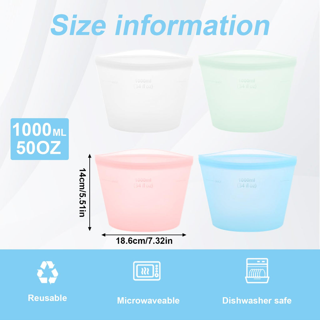 4-Pack Reusable Silicone Food Storage Bags, Stand-Up Pinch-Seal Design, BPA-Free, Microwave & Dishwasher Safe, Mixed Colors (17 oz)