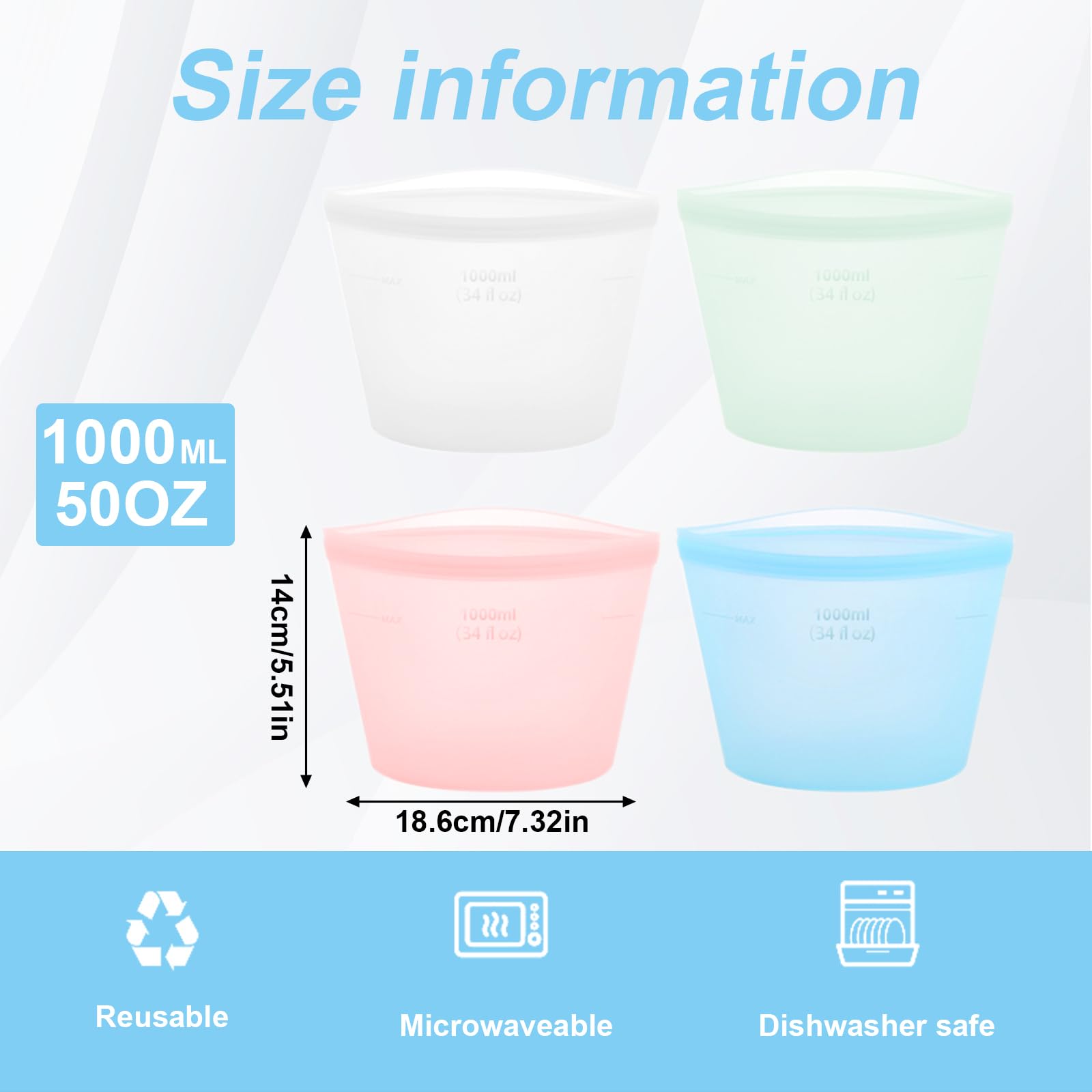 4-Pack Reusable Silicone Food Storage Bags, Stand-Up Pinch-Seal Design, BPA-Free, Microwave & Dishwasher Safe, Mixed Colors (17 oz)
