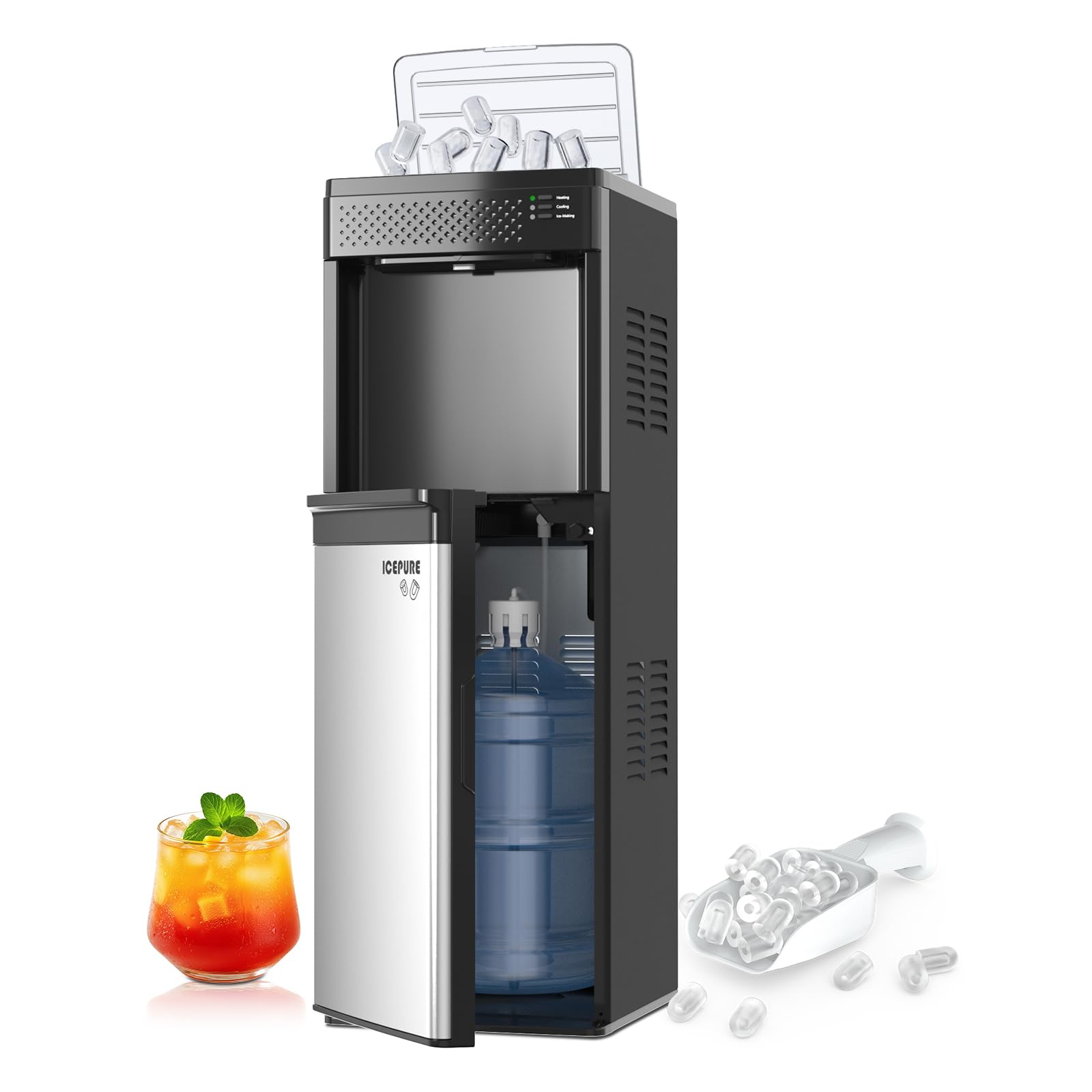ICEPURE 3-in-1 Water Dispenser with Built-in Ice Maker, Water Cooler Dispenser for 5 Gallon Bottle Top Loading, Hot and Cold Water Dispenser with Child Lock for Home and Office, 33lbs/24H
