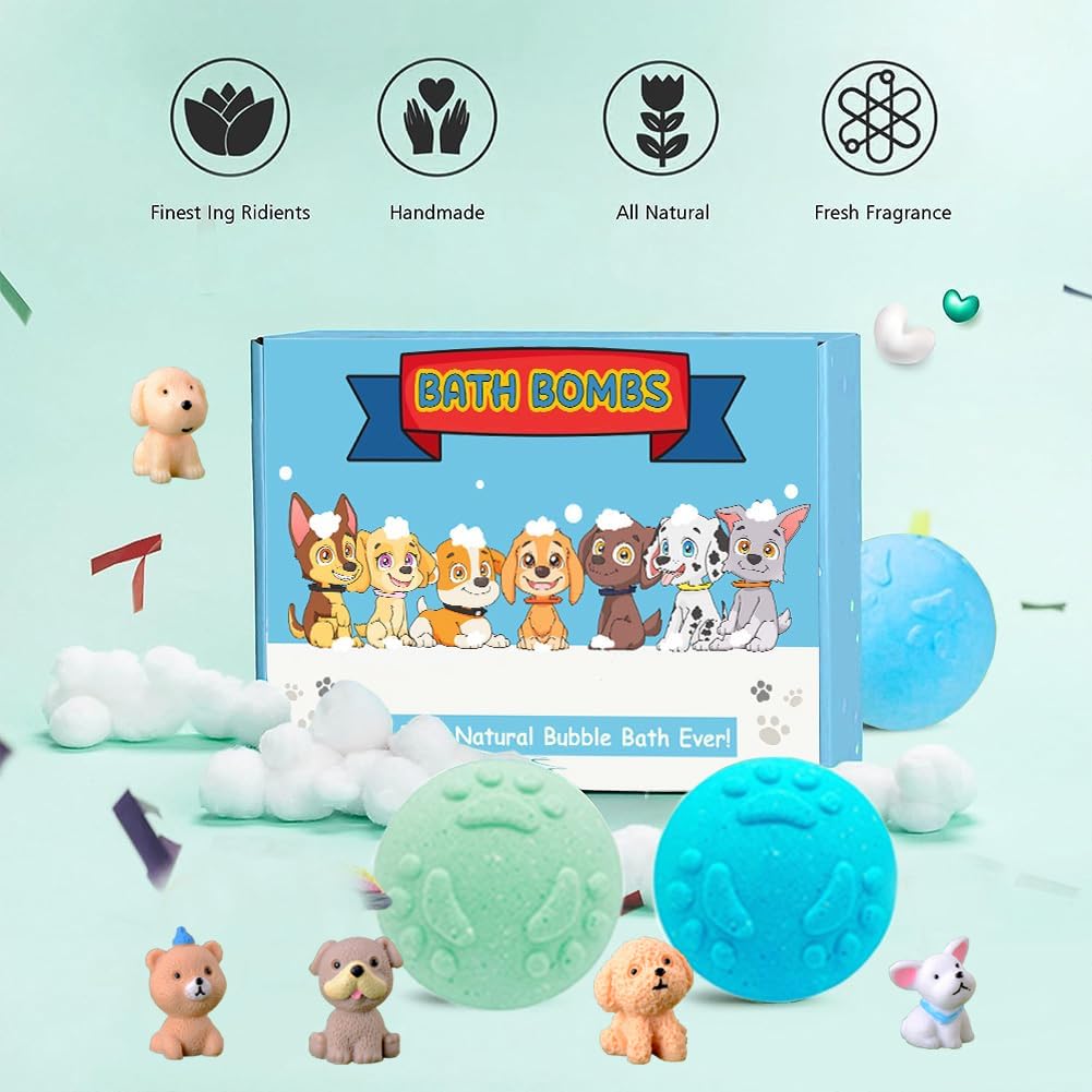 Kids Bath Bombs with Surprise Inside, 20 Pack Bring Dog and cat Toys Gift Set, Natural Organic Bubble Bath Foam Bath
