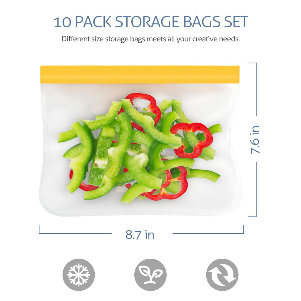 Reusable Gallon Freezer Bags, 10 Pack Dishwasher Safe Silicone Food Snack Storage Bags with 3 Sizes for Snack, Sandwich, Lunch