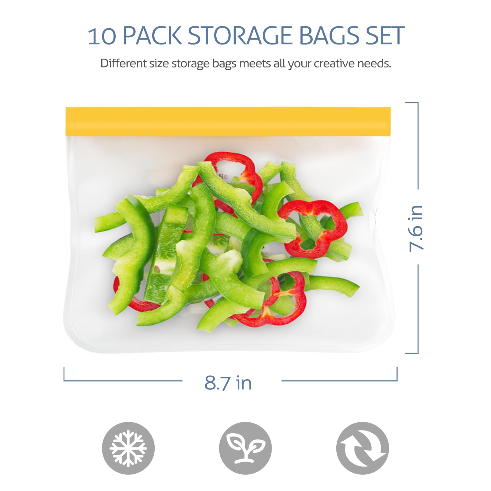 Reusable Gallon Freezer Bags, 10 Pack Dishwasher Safe Silicone Food Snack Storage Bags with 3 Sizes for Snack, Sandwich, Lunch