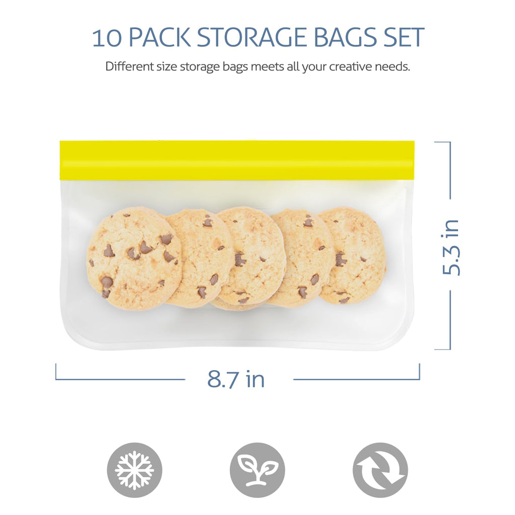 Reusable Gallon Freezer Bags, 10 Pack Dishwasher Safe Silicone Food Snack Storage Bags with 3 Sizes for Snack, Sandwich, Lunch