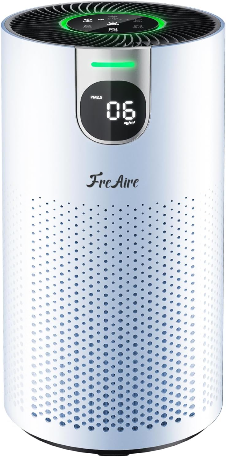 FreAire HEPA Air Purifier for Home Large Rooms up to 1800Ft², VisionAir 20dB Sleep Mode for Bedroom, with Real-Time AQI & PM2.5 Display, 360°Intake & Outlet Air Cleaner for Pets, HAP606, White