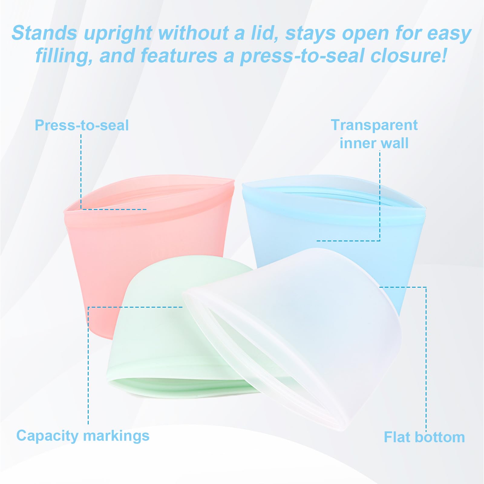 4-Pack Reusable Silicone Food Storage Bags, Stand-Up Pinch-Seal Design, BPA-Free, Microwave & Dishwasher Safe, Mixed Colors (17 oz)