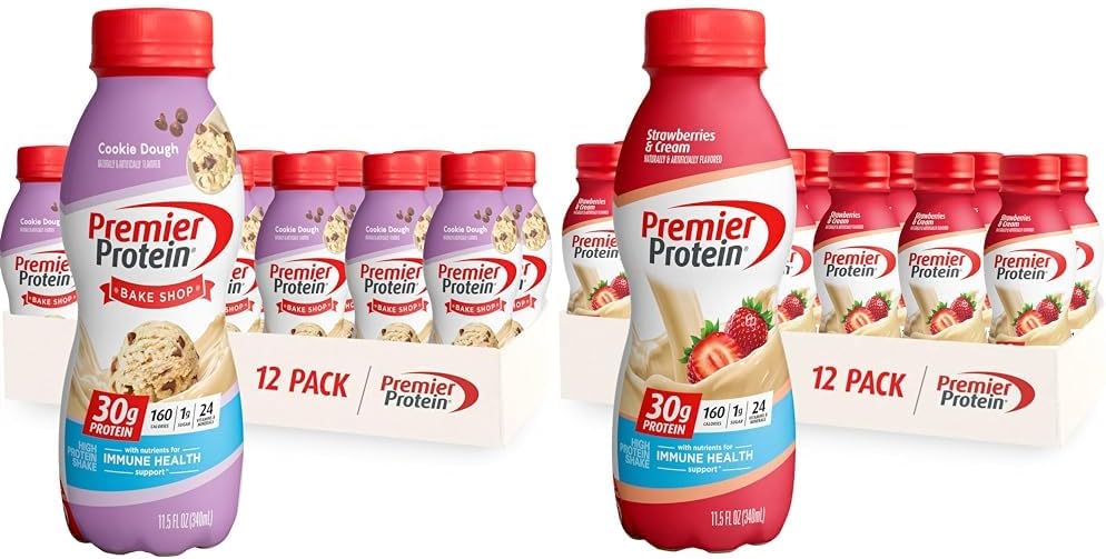 Premier Protein Shake Cookie Dough 12 Pack, Strawberries Immune Health 12 Pack, 30g Protein, 1g Sugar, 24 Vitamins