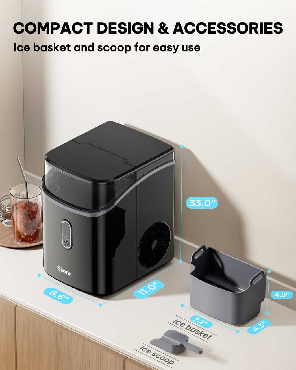Silonn Nugget Ice Maker Countertop Pellet Machine with Self-Cleaning, Black | 36 lbs/24H, ice in 6 mins, soft chewable ice, removable cover, quiet operation, LED control panel, compact design