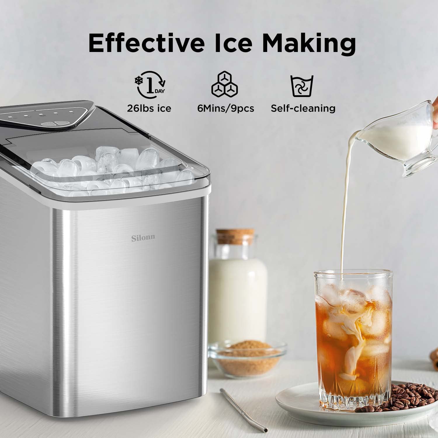 Silonn Nugget Ice Maker Countertop Pellet Machine with Self-Cleaning, Black | 36 lbs/24H, ice in 6 mins, soft chewable ice, removable cover, quiet operation, LED control panel, compact design