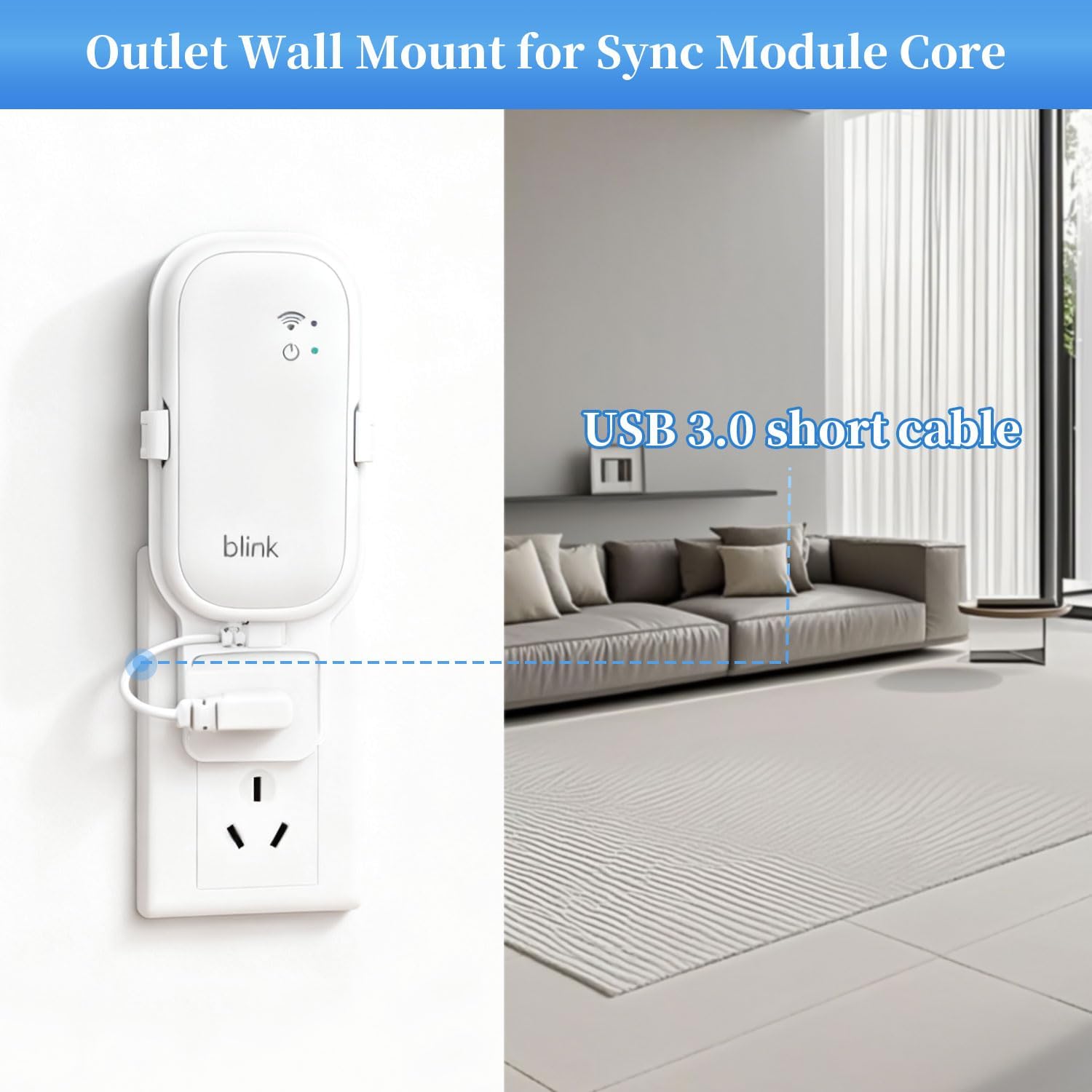 White Outlet Wall Mount for Blink Sync Module Core, Sync Module Mount Holder for Blink Doorbell Outdoor/Indoor Security Camera 2K+, No Drilling No Messy Wires Camera Mount with Short Cable