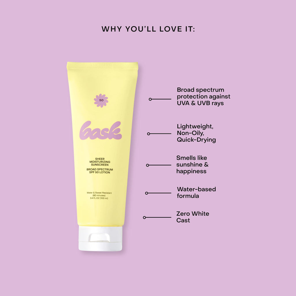 Bask SPF 50 Sheer Moisturizing Sunscreen Lotion - Broad Spectrum UVA/UVB Protection, Dermatologist Recommended, Hydrating, Lightweight & Non-Greasy, No White Cast, Travel Size, 3.4 fl oz