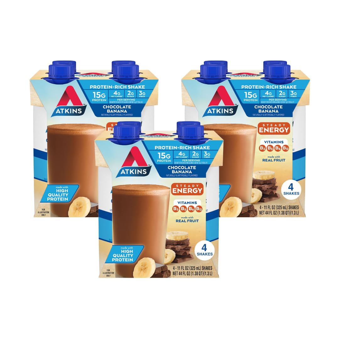 Atkins Chocolate Banana Protein-Rich Shake. With B Vitamins and Protein. Made with Real Fruit. Keto-Friendly and Gluten Free, 11 Fl Oz (Pack of 12)