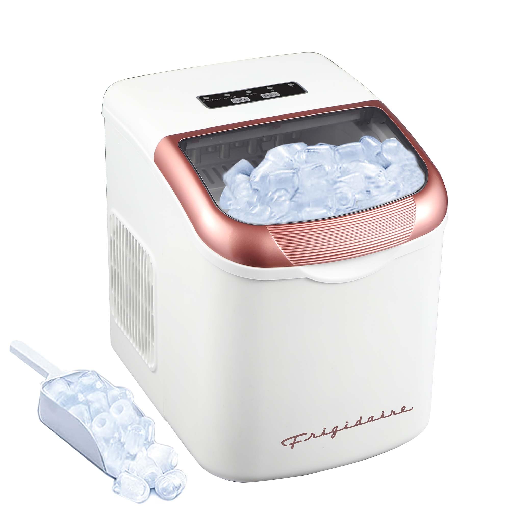 FRIGIDAIRE Retro Compact Ice Maker Machine, Bullet Ice, 26 lb per Day (BlackRoseGold)