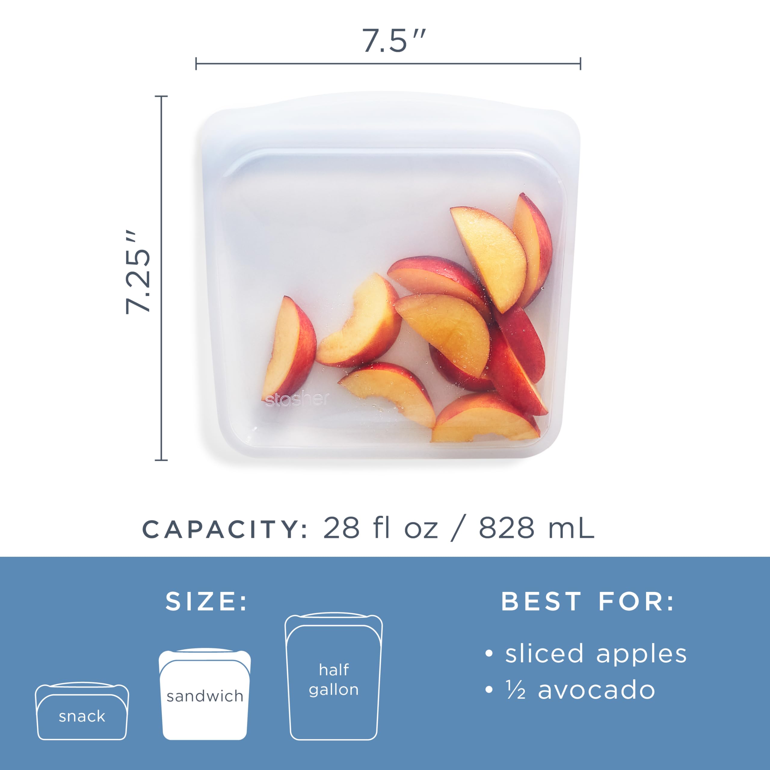 Stasher Silicone Reusable Storage Bag, Sandwich Bags, Reusable Freezer Bag, Microwave, Dishwasher, Oven Safe, Sous Vide, Premium Lunch Container, Eco Friendly, Food Storage Bags, 28 oz, Clear