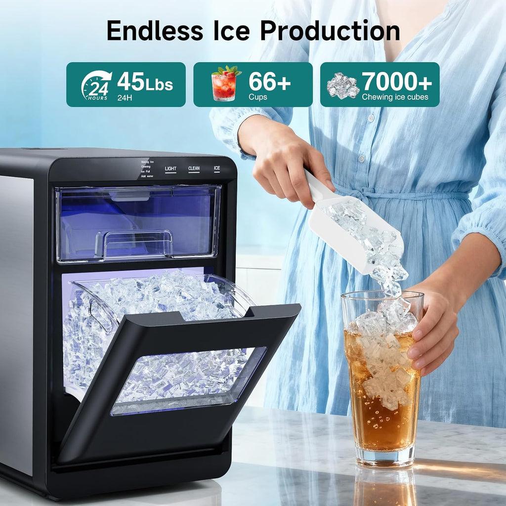 Nugget Ice Maker Countertop, 45Lbs/24H Pebble Ice Maker with Water Tank, Soft Chewable Pellet Ice Machine with Self-Cleaning for Kitchens/Home/Office
