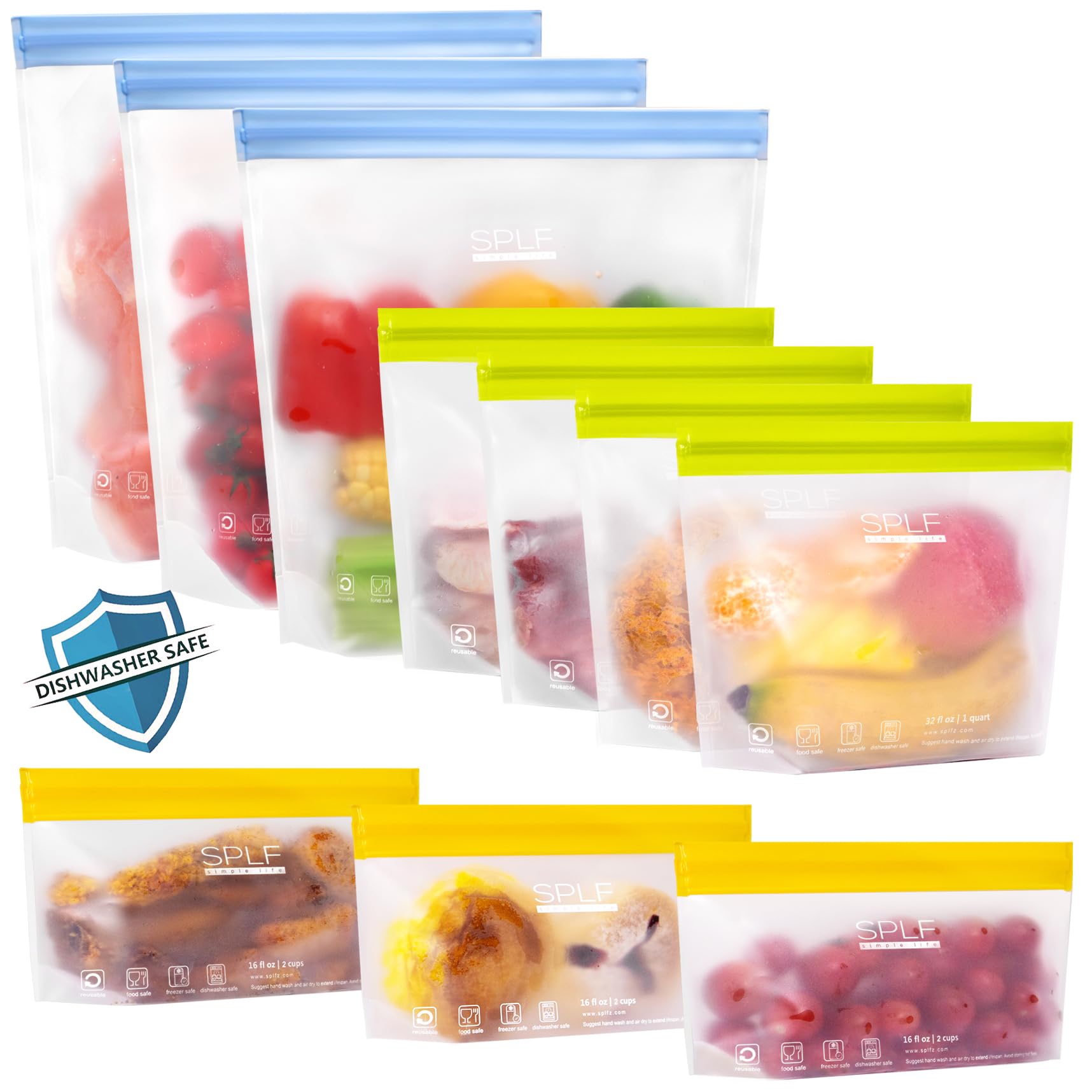 SPLF 10 Pack Stand-Up Reusable Quart Freezer Bags Dishwasher Safe, Extra Thick Leakproof 1 Quart Food Storage Bags, BPA Free Bags for Meal Prep, Sandwich, Snack, Fridge Organization