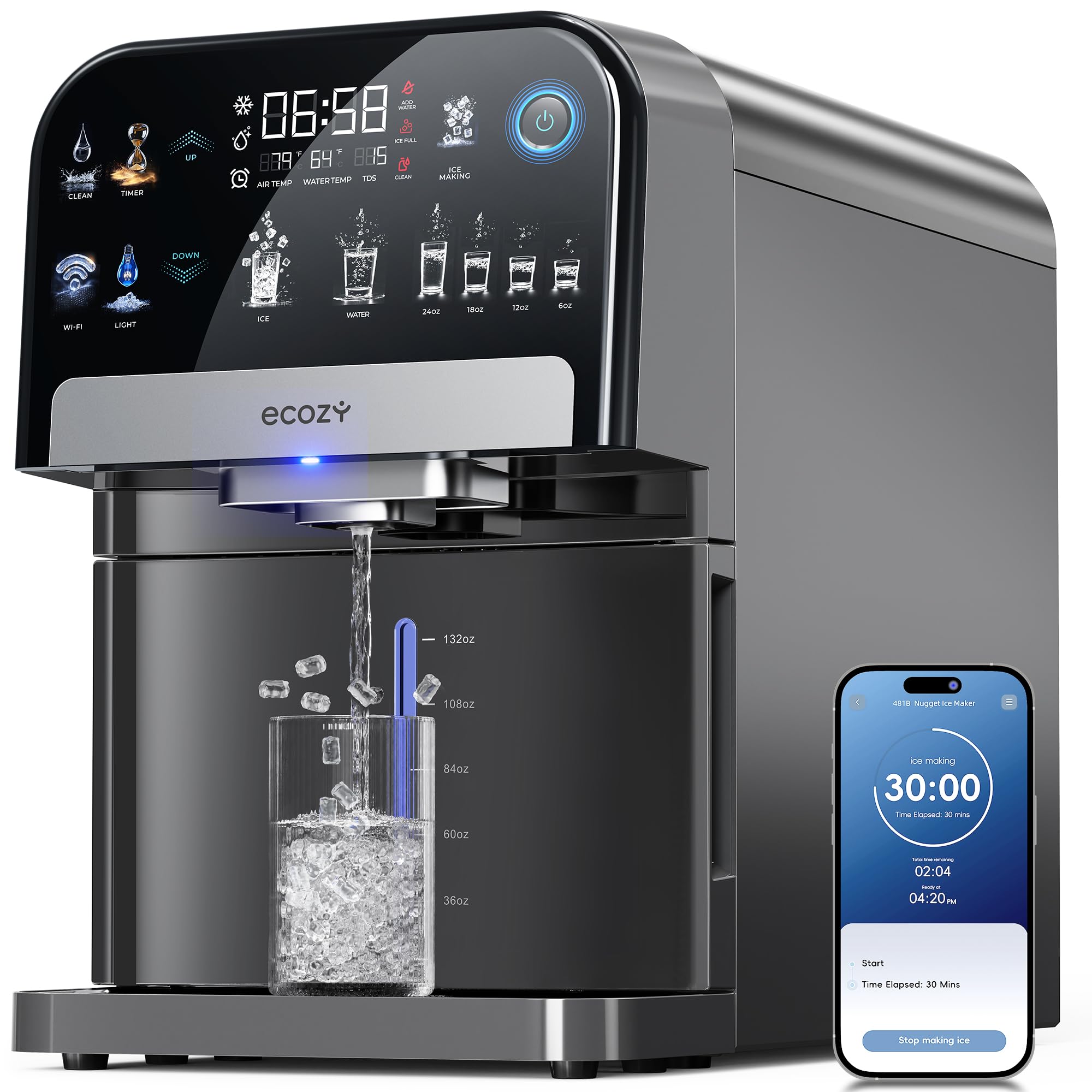 ecozy Nugget Ice Maker Dispenser Countertop, 2-in-1 Pebble Ice Machine & Water Dispenser with App Control, Sonic Crushed Ice Makers with Self-Cleaning, TDS Monitor, Measured Dispensing, 33 Lbs/Day
