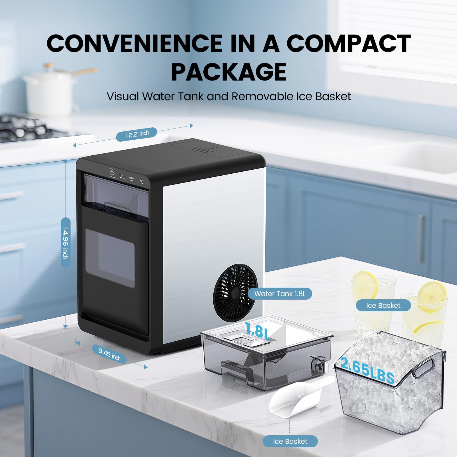 Ice Maker Countertop, Efficient Easy Carry Ice Machine, Self-Cleaning Ice Maker with Ice Scoop & Basket, 9pcs/ 6mins 26.6Lbs Per Day for Home/Office/Kitchen,Black