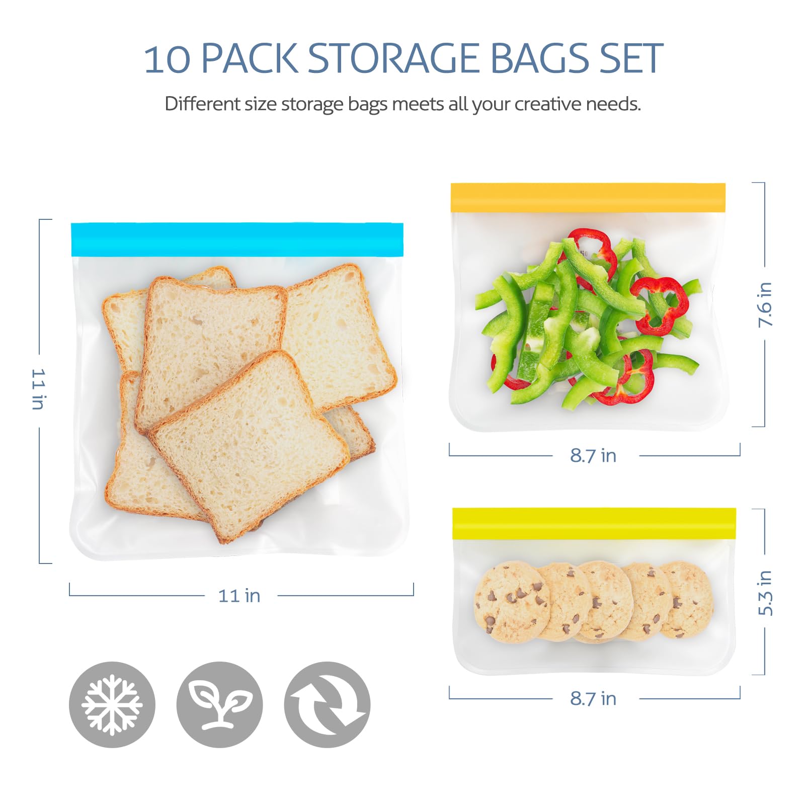 Reusable Gallon Freezer Bags, 10 Pack Dishwasher Safe Silicone Food Snack Storage Bags with 3 Sizes for Snack, Sandwich, Lunch