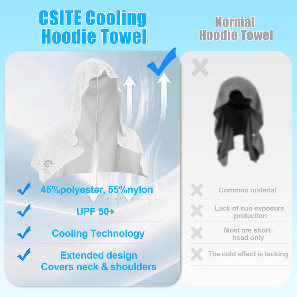 CSITE Cooling Hoodie Towels for Neck and Face, UPF 50 Sun Protection & Instant Cooling, Ice Towels for Hot Weather, Soft Breathable Towel for Sport, Work Out, Gym, Camping & More Activities（White）
