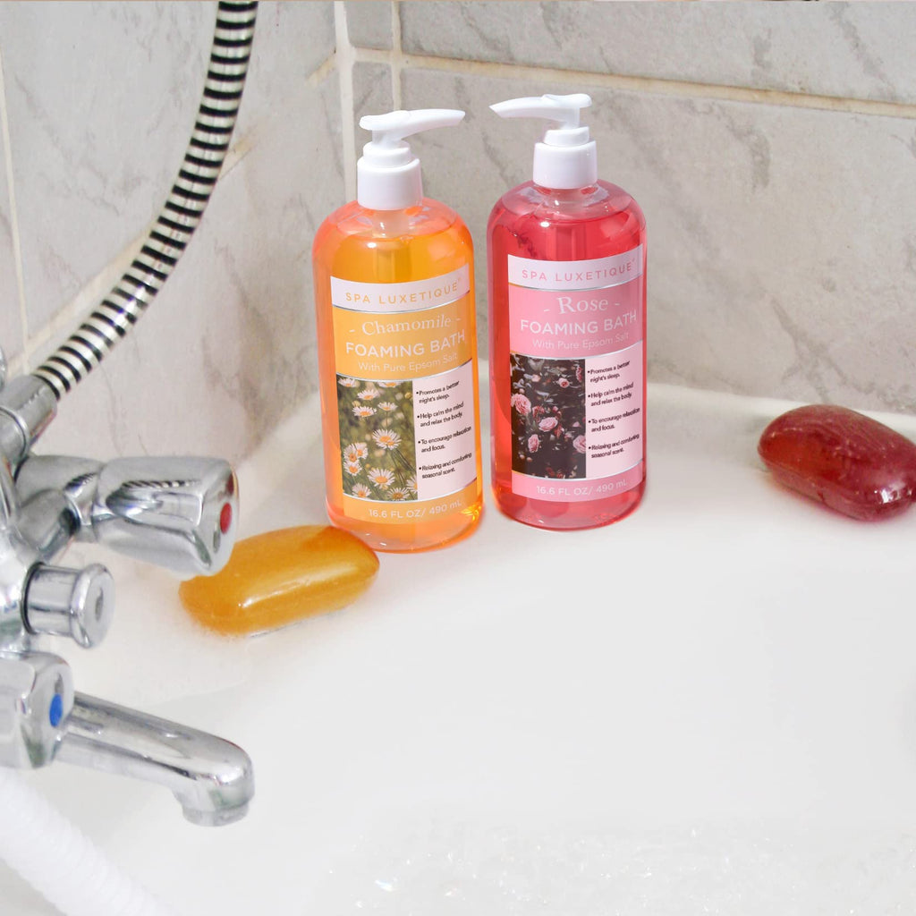 Spa Luxetique Bubble Bath, Foaming Bath with Epsom Salt, Chamomile Rose and Lavender Scent Bathing Set, 3 Pack 49.8 fl oz Mothers Day Gifts Set for Women and Men