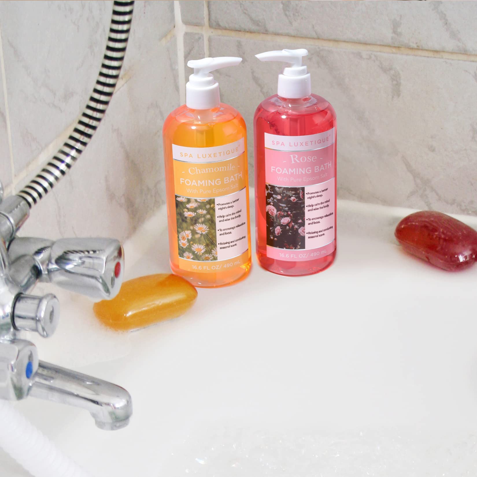 Spa Luxetique Bubble Bath, Foaming Bath with Epsom Salt, Chamomile Rose and Lavender Scent Bathing Set, 3 Pack 49.8 fl oz Mothers Day Gifts Set for Women and Men