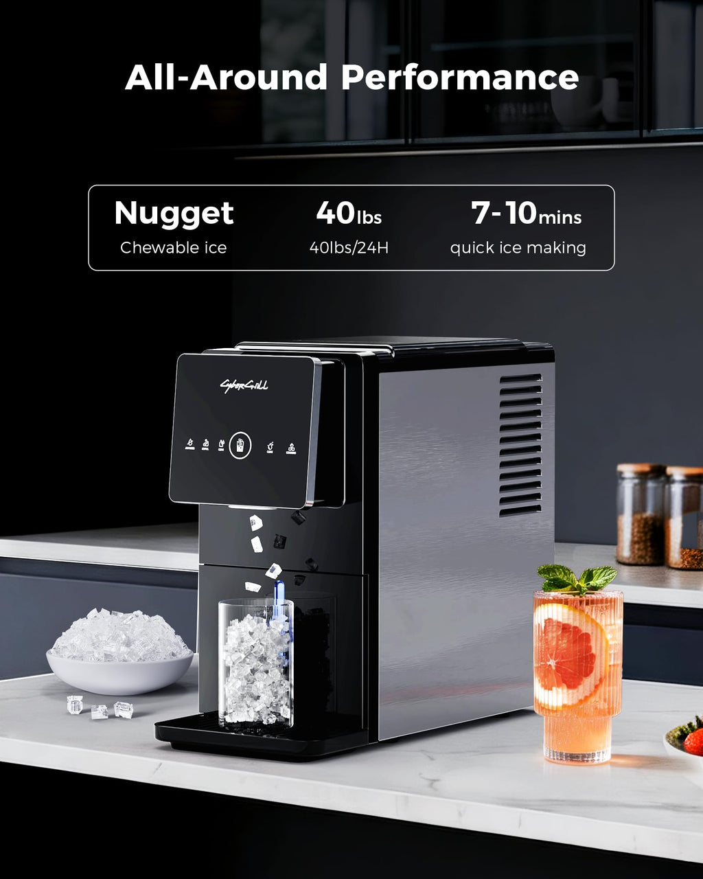 CyberChill Nugget Ice Maker Countertop 44lbs Per Day Pebble Sonic Ice Makers Machine Chewable Pellet Ice with Self-Cleaning Removable Water Tank See Through Window for Home/Kitchen/Office