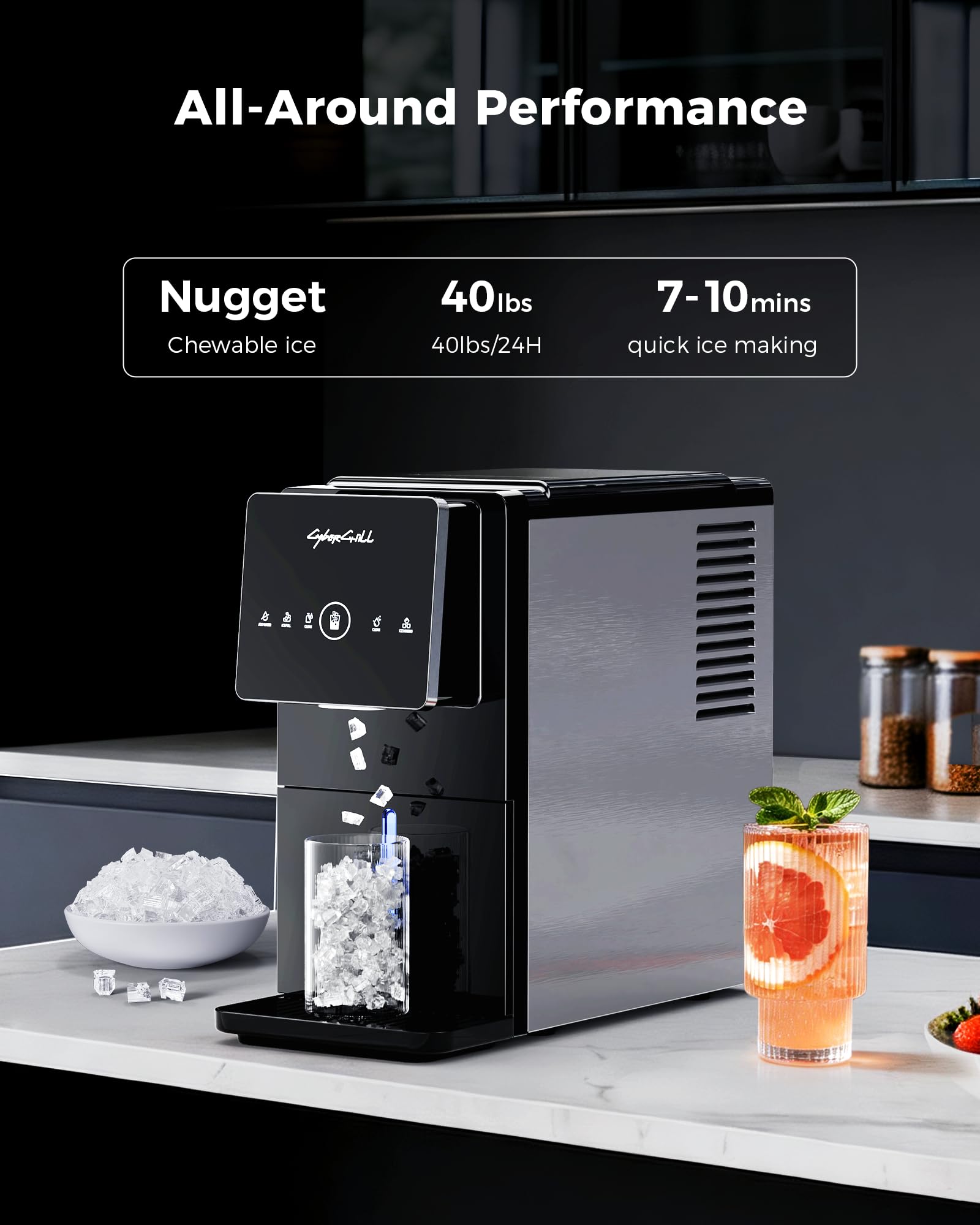 CyberChill Nugget Ice Maker Countertop 44lbs Per Day Pebble Sonic Ice Makers Machine Chewable Pellet Ice with Self-Cleaning Removable Water Tank See Through Window for Home/Kitchen/Office