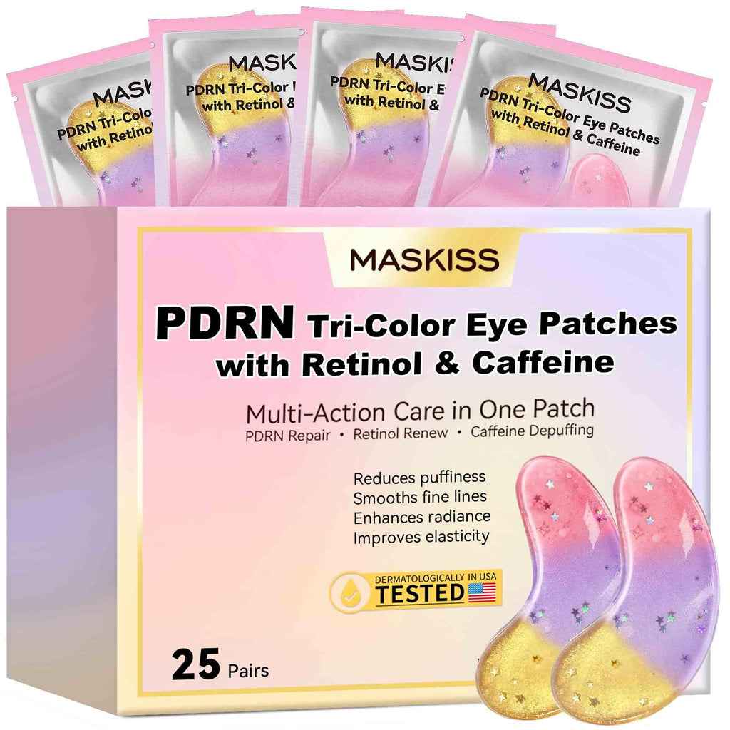 Maskiss PDRN Under Eye Patches (25 Pairs), Tri-Color Eye Gel Pads with Retinol Caffeine, Eye Masks for Dark Circles Puffy Eyes Wrinkles, Collagen Self Care Gifts for Women