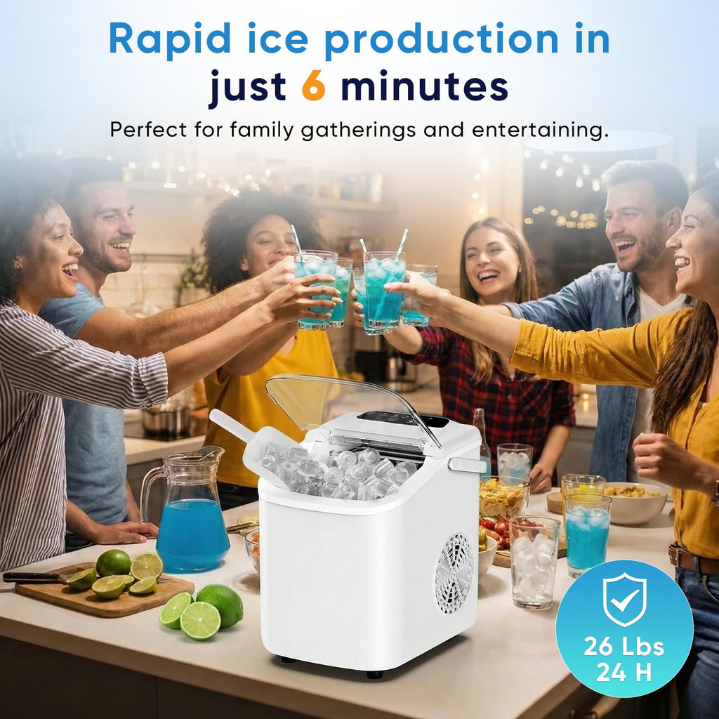 NEWBULIG Ice Maker, Countertop Ice Machine with Handle | 9 Bullet Cubes in 6-8 Mins, 26lbs Daily, Self-Cleaning with Basket and Scoop for Home/Kitchen/Camping/RV