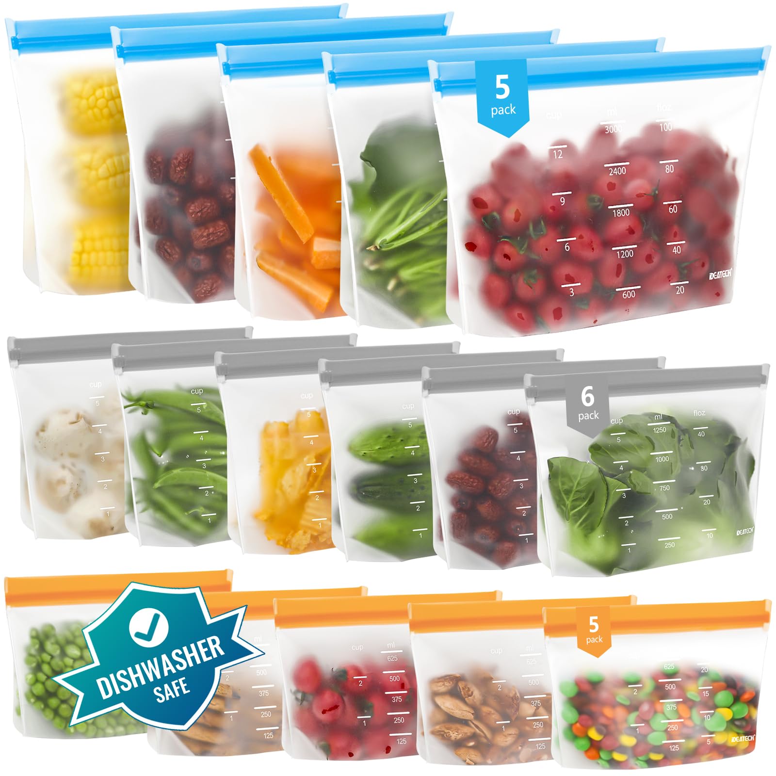 IDEATECH Reusable Bags Dishwasher Safe, BPA Free Reusable Gallon Freezer Bags, Stand Up Leakproof Food Storage Bags for Marinate Meats, Salad Fruit, Home Organization 6 Large+ 6 Sandwich+ 8 Snack Bags