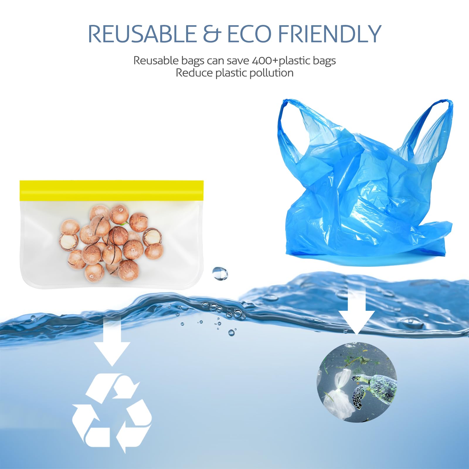Reusable Gallon Freezer Bags, 10 Pack Dishwasher Safe Silicone Food Snack Storage Bags with 3 Sizes for Snack, Sandwich, Lunch