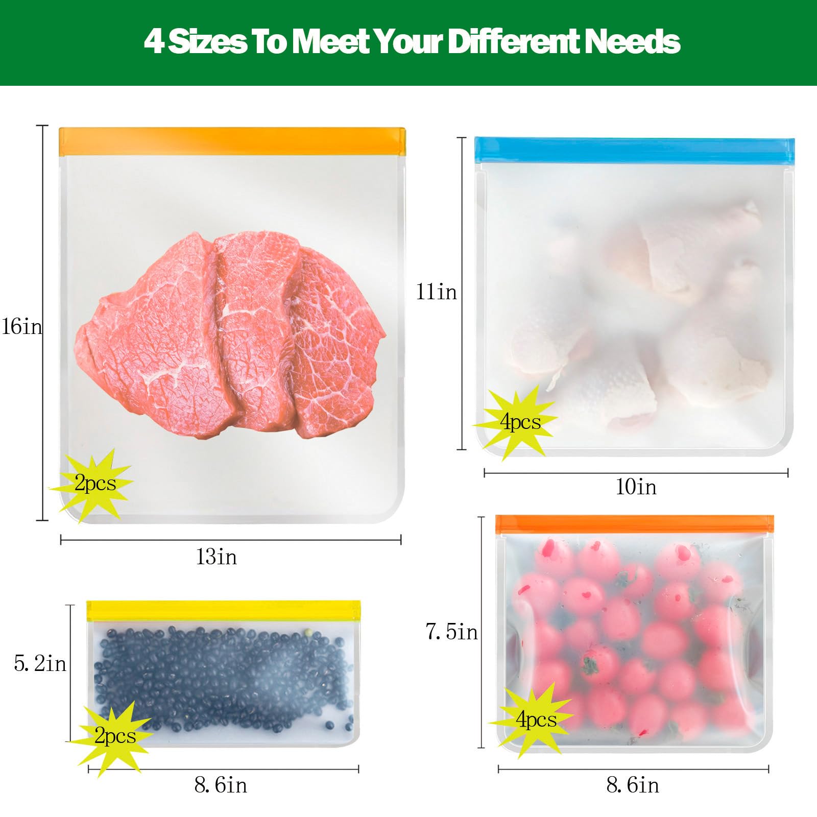 4 Pcs 2 Gallon Reusable Freezer Bags, Large Capacity, BPA Free Reusable Leakproof Food Storage Bags,13 "x 16", Used For Home Food Storage And Camping Food Storage