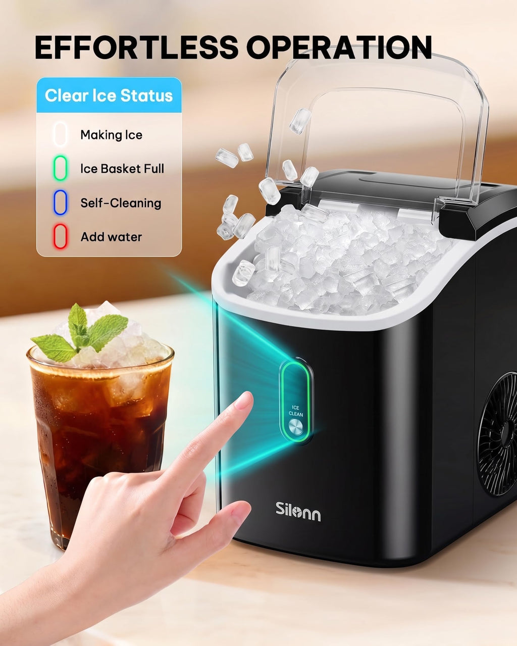 Silonn Nugget Ice Maker Countertop Pellet Machine with Self-Cleaning, Black | 36 lbs/24H, ice in 6 mins, soft chewable ice, removable cover, quiet operation, LED control panel, compact design