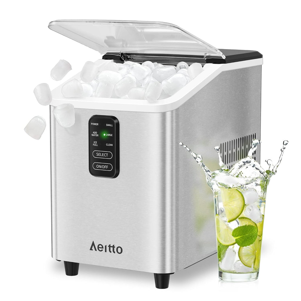 Aeitto Ice Maker Countertop 26lbs/24H, Ice Machine 8 Ice Cubes Ready in 6 Mins, 2 Sizes of Bullet Ice Portable Ice Makers with Basket & Scoop, Auto Self-Cleaning for Home/Kitchen/Office Stainless