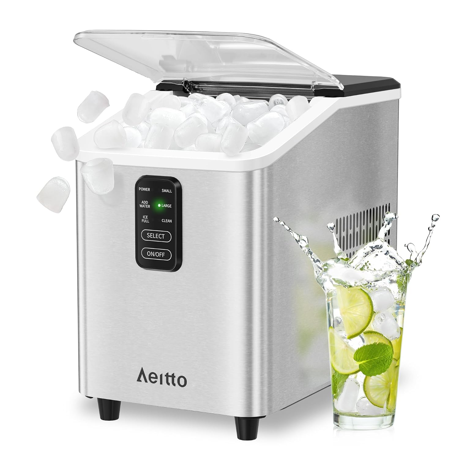 Aeitto Ice Maker Countertop 26lbs/24H, Ice Machine 8 Ice Cubes Ready in 6 Mins, 2 Sizes of Bullet Ice Portable Ice Makers with Basket & Scoop, Auto Self-Cleaning for Home/Kitchen/Office Stainless